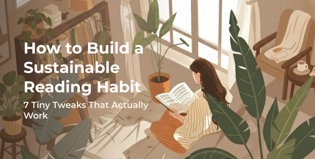 the image shows an illustration of a person reading a book in a cozy room