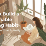 the image shows an illustration of a person reading a book in a cozy room