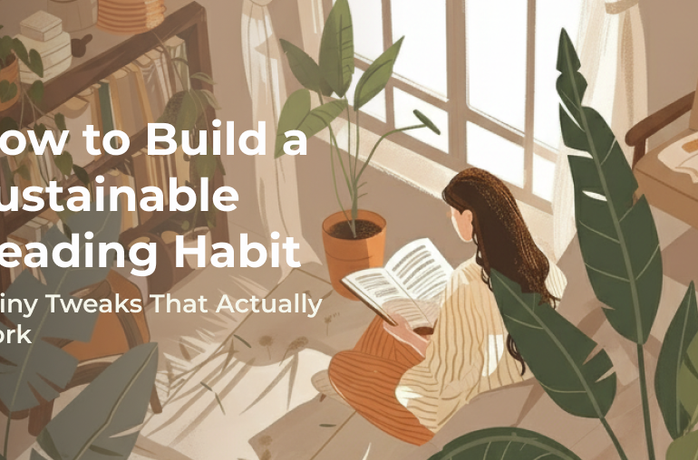 the image shows an illustration of a person reading a book in a cozy room
